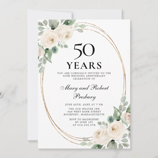 Elegant 50th Anniversary Party White Rose Floral Invitation (Front)