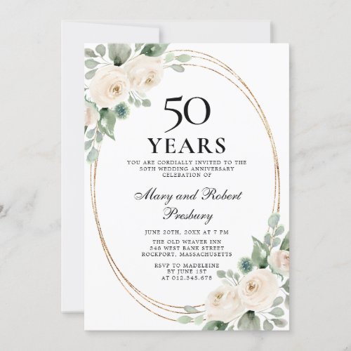 Elegant 50th Anniversary Party White Rose Floral Invitation