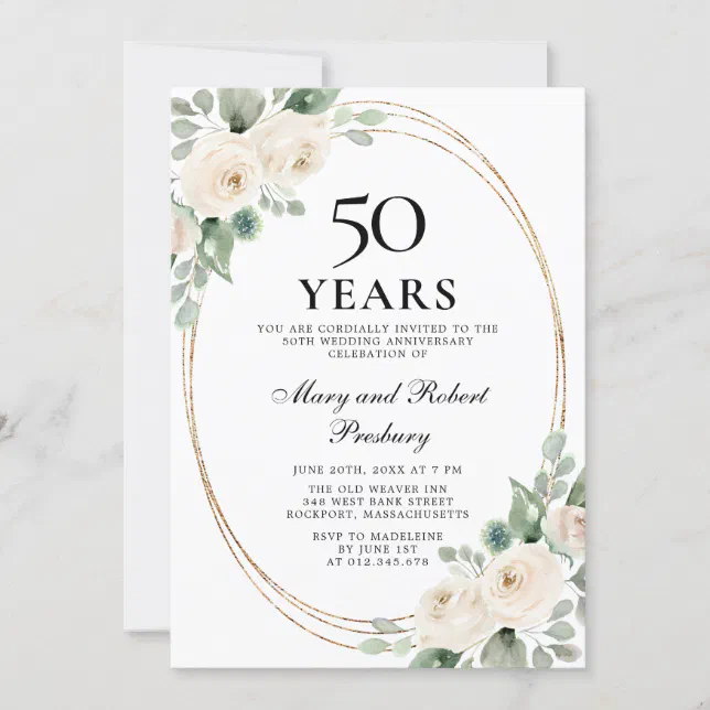 Elegant 50th Anniversary Party White Rose Floral Invitation | Zazzle