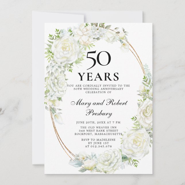 Elegant 50th Anniversary Party White Rose Floral Invitation (Front)