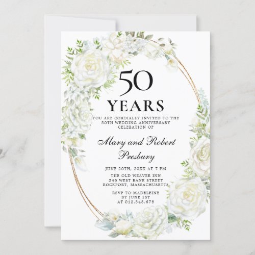 Elegant 50th Anniversary Party White Rose Floral Invitation