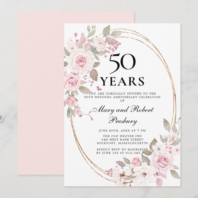 Elegant 50th Anniversary Pink Rose Floral Invitati Invitation (Front/Back)