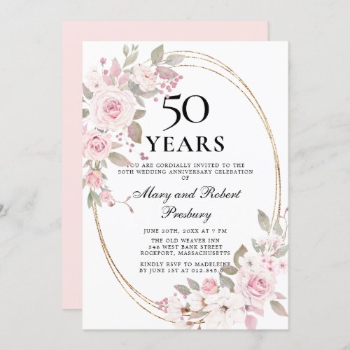 Elegant 50th Anniversary Pink Rose Floral Invitati Invitation