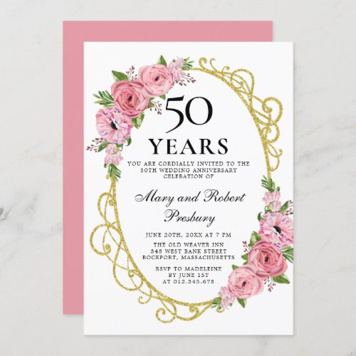 Elegant 50th Anniversary Pink Rose Floral Invitati Invitation