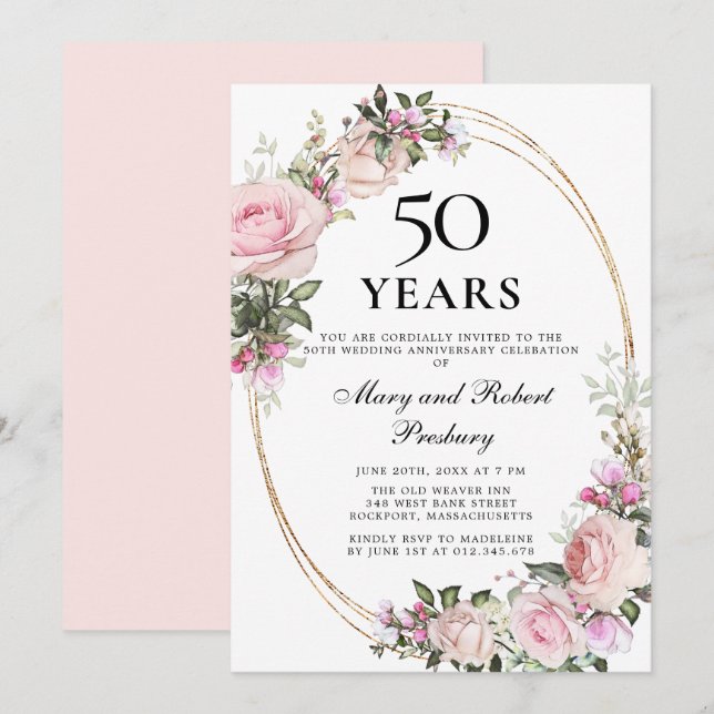 Elegant 50th Anniversary Pink Rose Floral Invitation (Front/Back)