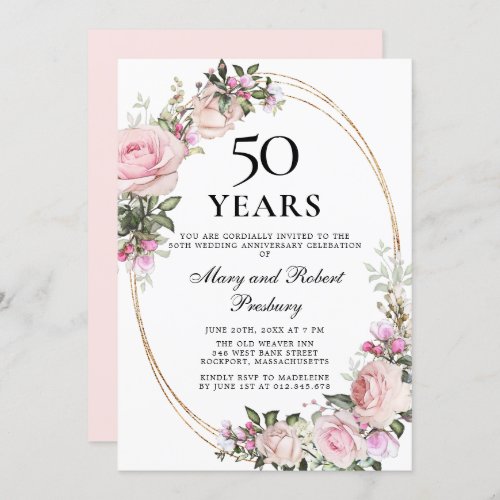 Elegant 50th Anniversary Pink Rose Floral Invitation