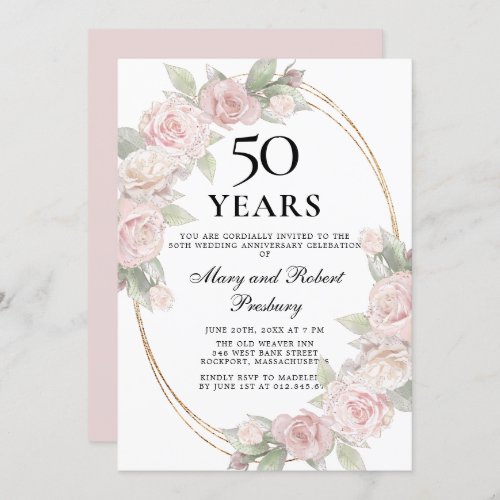 Elegant 50th Anniversary Pink Rose Floral Invitation