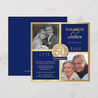 Elegant 50th Anniversary Then Now Navy Blue Invitation