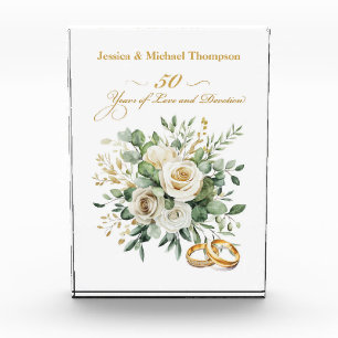 Elegant 50th Anniversary White Roses Gold Rings Acrylic Award