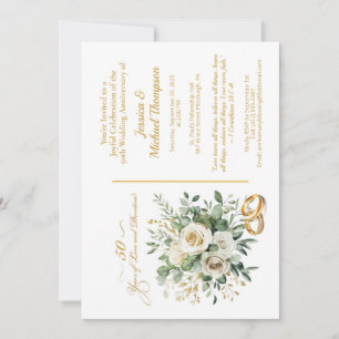 Elegant 50th Anniversary White Roses Gold Rings Invitation