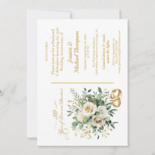 Elegant 50th Anniversary White Roses Gold Rings Invitation