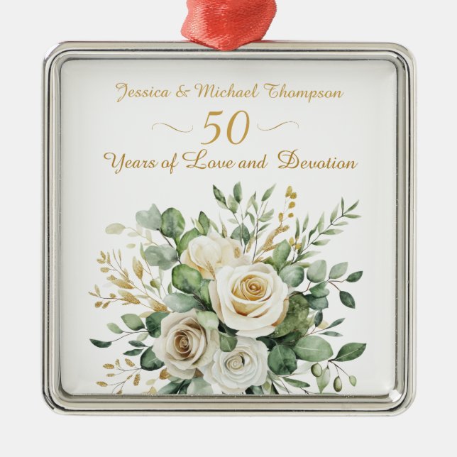 Elegant 50th Anniversary White Roses Gold Rings Metal Ornament (Front)