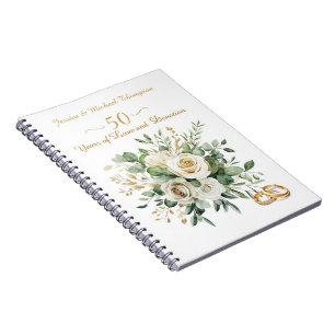 Elegant 50th Anniversary White Roses Gold Rings Notebook