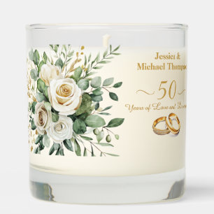 Elegant 50th Anniversary White Roses Gold Rings Scented Candle