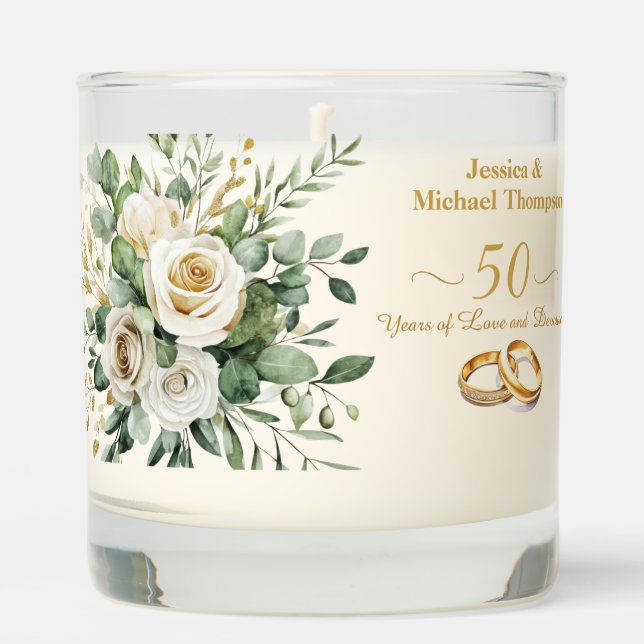 Elegant 50th Anniversary White Roses Gold Rings Scented Candle (Front)