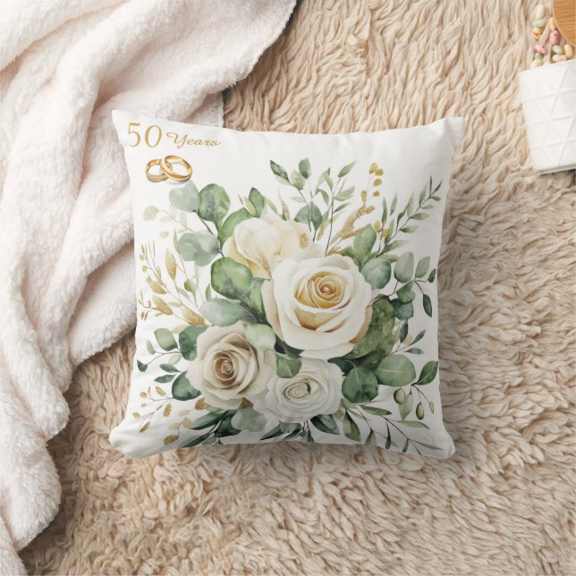 Elegant 50th Anniversary White Roses Gold Rings Throw Pillow (Blanket)