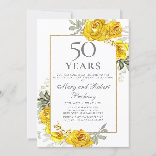 Elegant 50th Anniversary Yellow Rose Floral Invitation