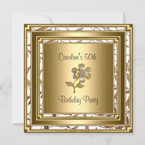 Elegant 50th Birthday Art Deco Gold Frame Floral Invitation