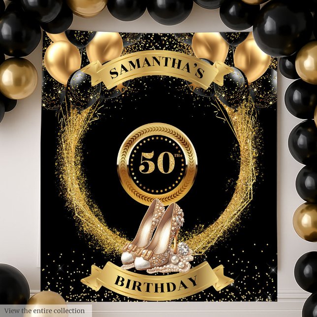 Elegant 50th Birthday Backdrop Glitter Gold Heels (Elegant 50th Birthday Backdrop Glitter Gold Heels)