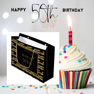 Elegant 50th Birthday black and gold gift bags Large Gift Bag