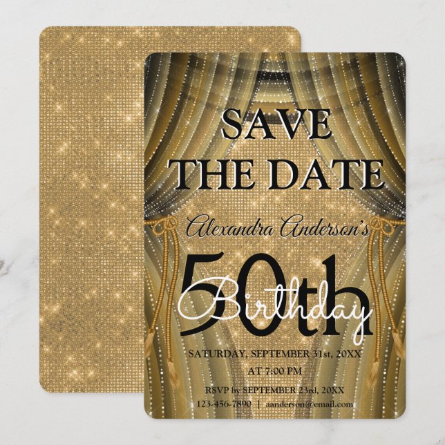 Elegant 50th Birthday Black and Gold Sparkle Invitation (Front/Back)