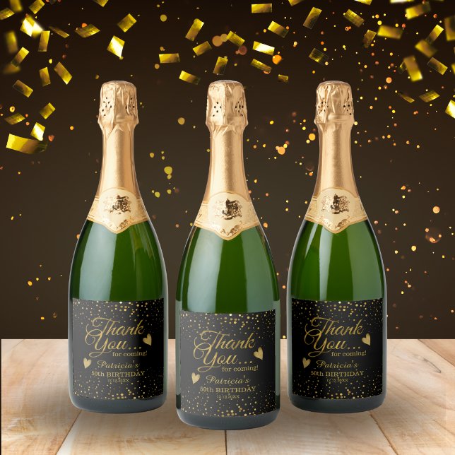 Elegant 50th Birthday Black And Gold Thank You  Sparkling Wine Label (Creator Uploaded)
