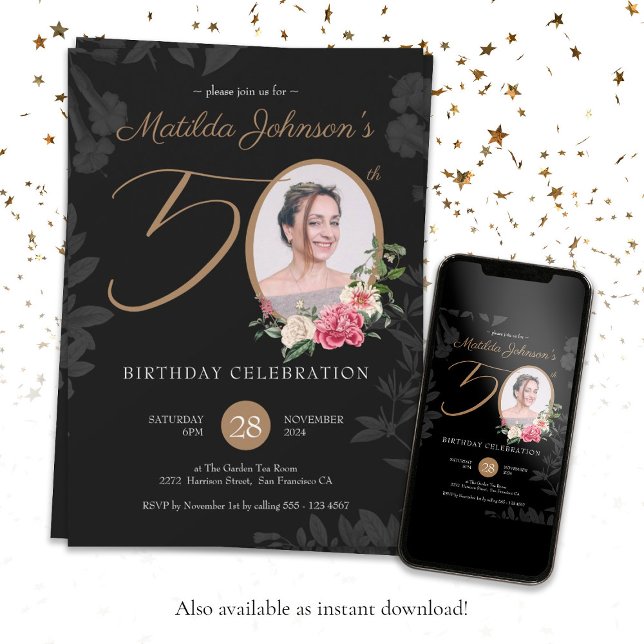 Elegant 50th Birthday Black Gold Botanical Custom Invitation (Elegant 50th Birthday Black Gold Botanical Custom Invitation
)