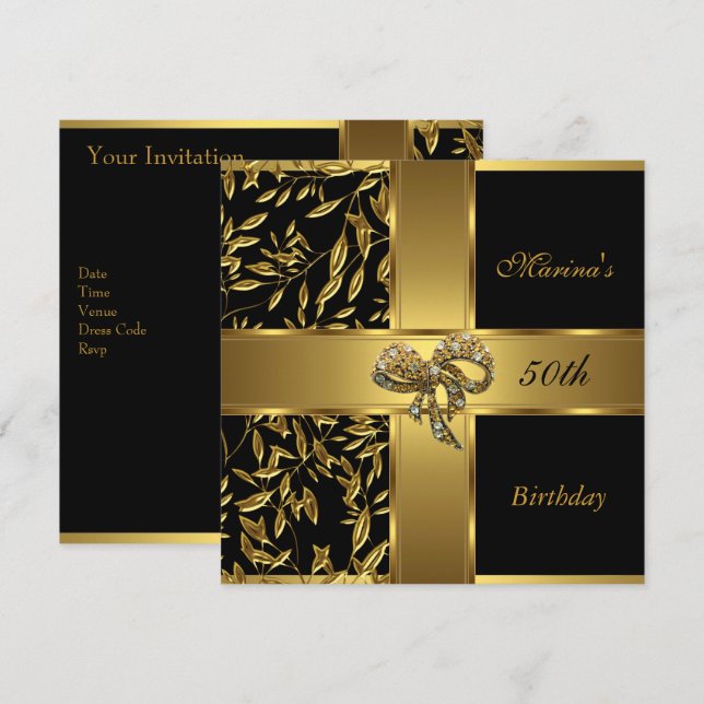 Elegant 50th Birthday Black Gold Floral Bow 2 Invitation (Front/Back)