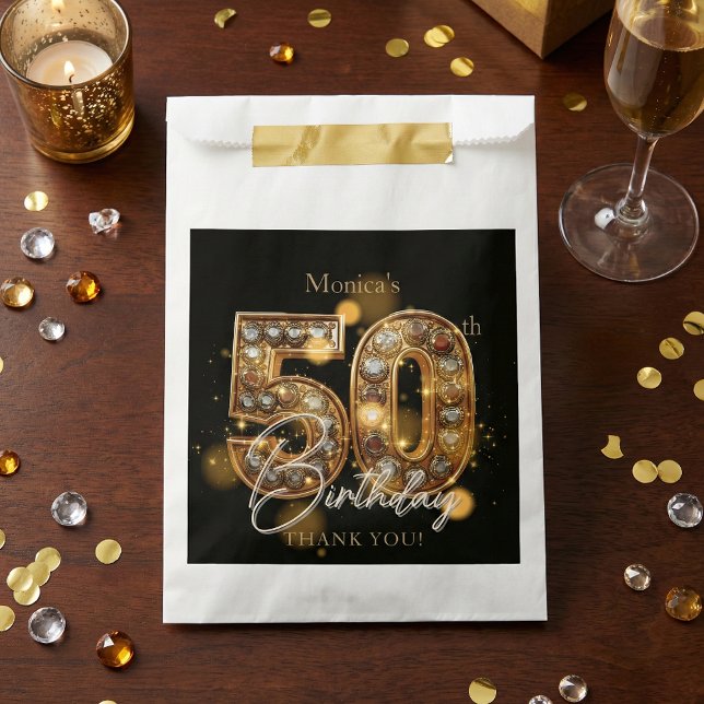 Elegant 50th Birthday Black Gold Gems Sparkle Favor Bag (Creator Uploaded)