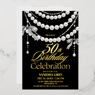 Elegant 50th Birthday Black Gold Pearls Foil Invitation