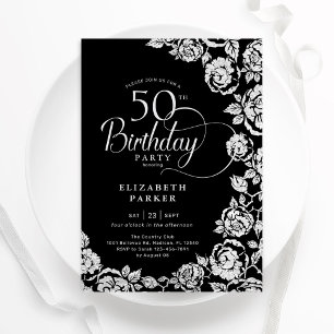 Elegant 50th Birthday Black Silver Roses Invitation