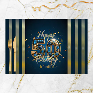 Elegant 50th Birthday Blue & Gold Paper Placemats