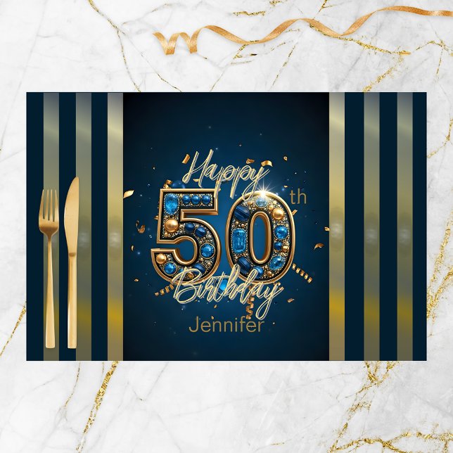 Elegant 50th Birthday Blue & Gold Paper Placemats (Creator Uploaded)