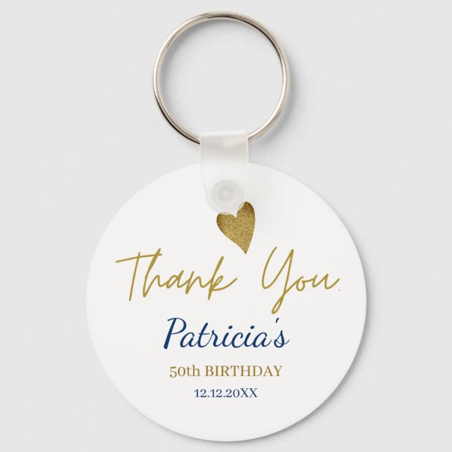 Elegant 50th Birthday Blue Gold Thank You  Favor Keychain (Front)
