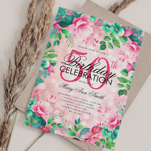 Elegant 50th Birthday Blush Spring Summer Floral  Invitation