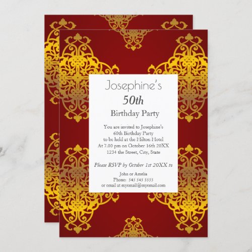 Elegant 50th Birthday  Burgundy Gold Invitation