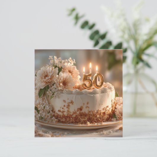 Elegant 50th Birthday Cake with Golden Topper (Standing Front)