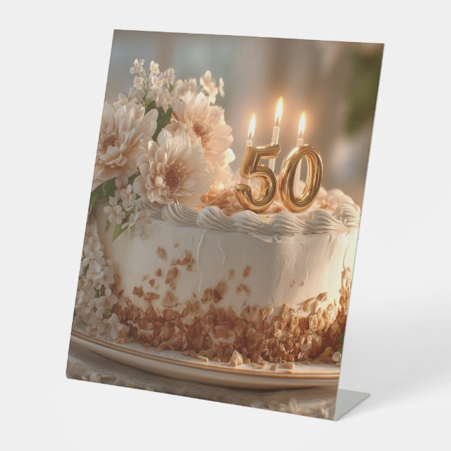 Elegant 50th Birthday Cake with Golden Topper Pedestal Sign (Front)