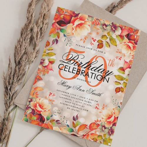 Elegant 50th Birthday Copper Fall Autumn Floral  Invitation