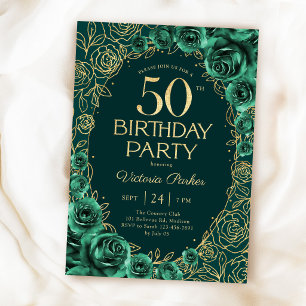 Elegant 50th Birthday Emerald Green Gold Floral Invitation