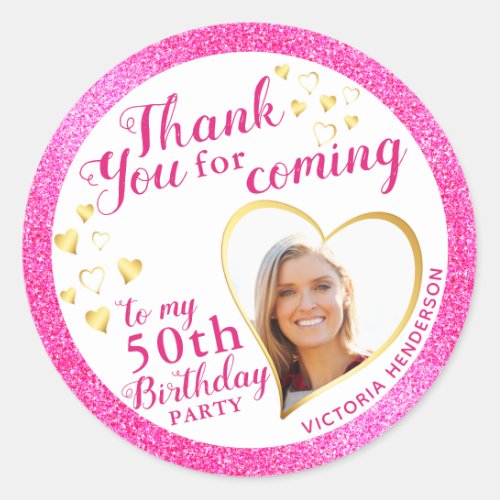 Elegant 50th Birthday Favor Pink Thank You Classic Round Sticker