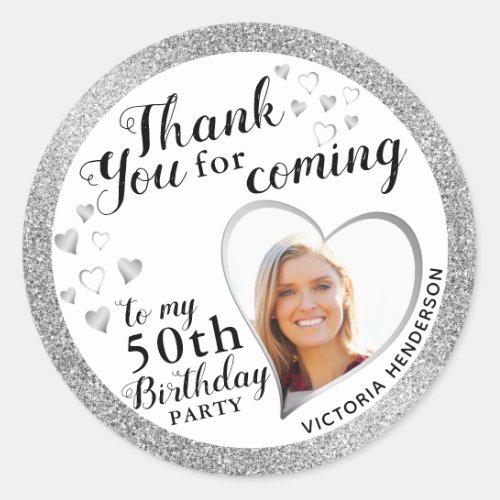 Elegant 50th Birthday Favor Silver Thank You Classic Round Sticker