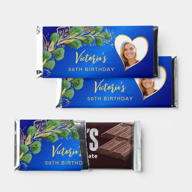 Elegant 50th Birthday Floral Blue and Gold Custom Hershey Bar Favors (Front)