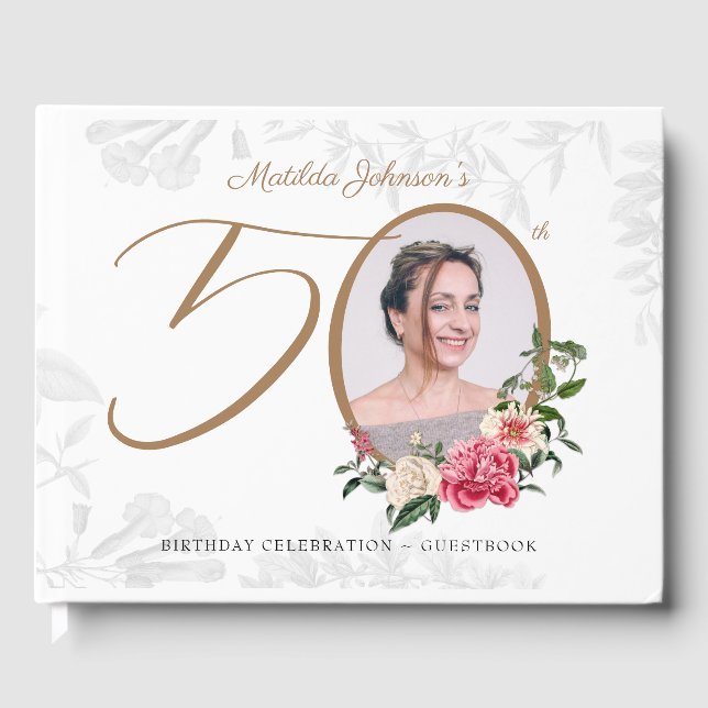 Elegant 50th Birthday Floral Botanical Custom Guest Book (Front)