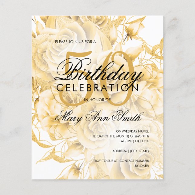 Elegant 50th Birthday Floral Gold White Invite (Front)