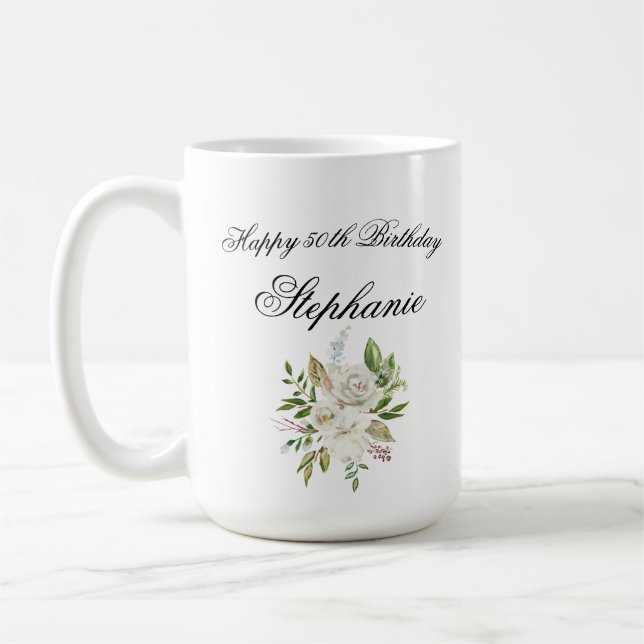 Elegant 50th Birthday Floral Personalized Coffee Mug (Left)
