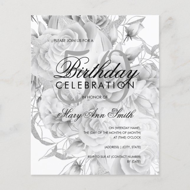Elegant 50th Birthday Floral Silver White Invite  Flyer (Front)