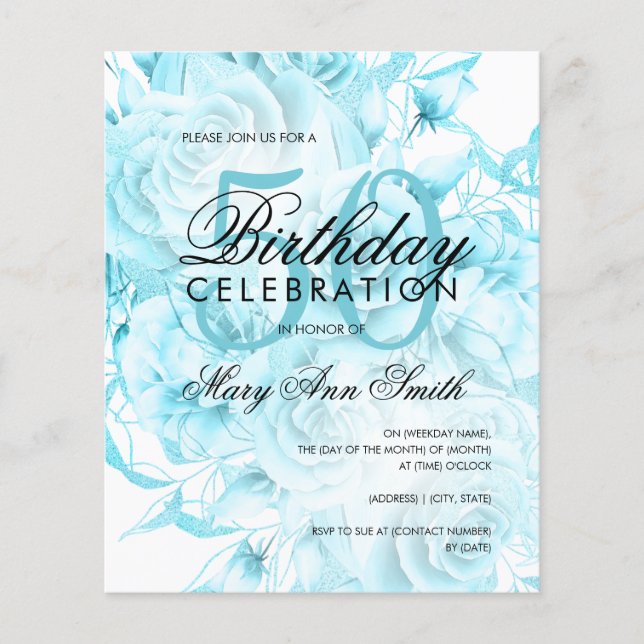 Elegant 50th Birthday Floral Teal White Invite (Front)