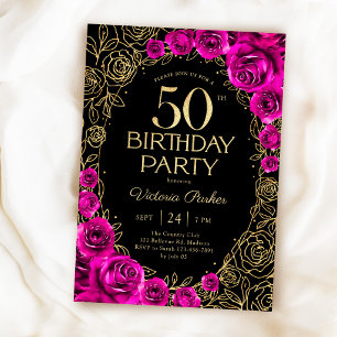 Elegant 50th Birthday Fuchsia Pink Black & Gold Invitation