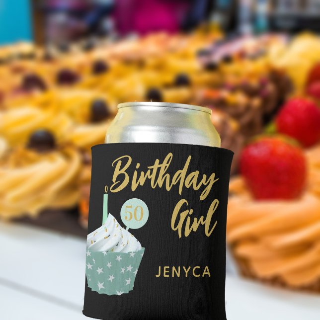 Elegant 50th Birthday Girl Cupcake Party Black Can Cooler (Add your name and age to this birthday cupcake can cooler)